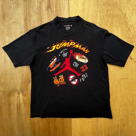 AIR JORDAN FIRE JUMP MAN BORN TO FLY GRAPHIC TEE SHIRT Men’s sz S Oversized Fit - Picture 2 of 9